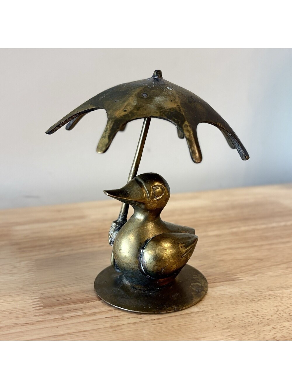 Solid Brass Duck With Umbrella Figurine MCM Retro Nursery Vintage Whimsical 5.5"